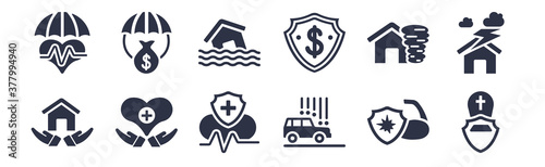 12 pack of black filled icons. glyph icons such as funeral, hail on the car, heart insurance, insurance for home of tornado, insurance of a shield with dollar, inundation, investment for web and