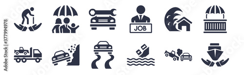 12 pack of black filled icons. glyph icons such as ship insurance, sinking, stone on the road, tsunami insurance, unemployed, vehicle repair, family insurance for web and mobile apps, logo