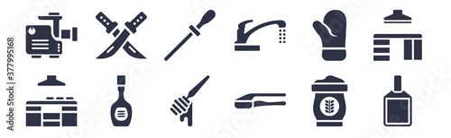 12 pack of black filled icons. glyph icons such as cutting board, garlic press, ketchup, kitchen mitten, kitchen tap, knife sharpener, knives for web and mobile apps, logo