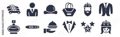 12 pack of black filled icons. glyph icons such as princess, tuxedo, cigar, king, handbag, bowler hat, business man for web and mobile apps, logo