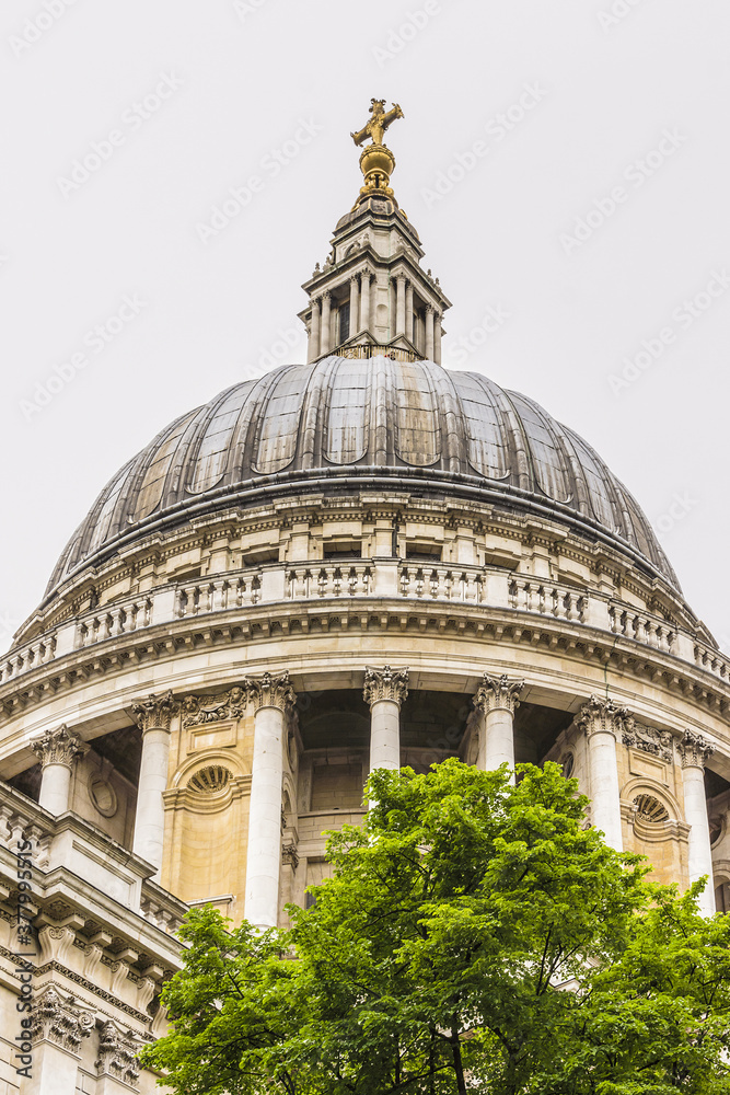 Architectural fragments of Magnificent St. Paul Cathedral (1675 - 1711) in London. St. Paul Cathedral sits at top of Ludgate Hill - highest point in City of London. UK.