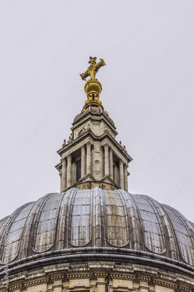 Architectural fragments of Magnificent St. Paul Cathedral (1675 - 1711) in London. St. Paul Cathedral sits at top of Ludgate Hill - highest point in City of London. UK.
