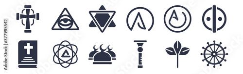 12 pack of black filled icons. glyph icons such as dharma, shehnai, agnosticism, asceticism, atheism, blasphemy, cao dai for web and mobile apps, logo