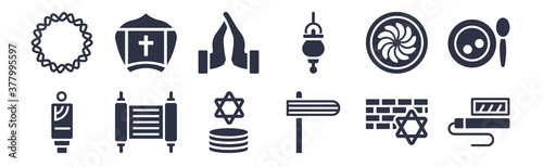 12 pack of black filled icons. glyph icons such as tefilin, gragger, torah, apple cake, jewish incense, pray, pope for web and mobile apps, logo