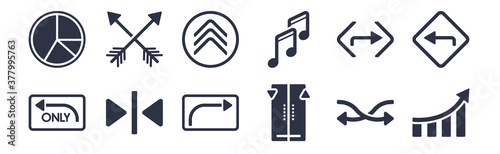 12 pack of black filled icons. glyph icons such as evolution, lift, elevator arrows, right turn, musical, up chevron, crossed arrows for web and mobile apps, logo