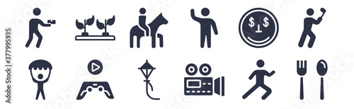12 pack of black filled icons. glyph icons such as eating, film making, game playing, greedy, greeting, horse riding, hydroponics for web and mobile apps, logo