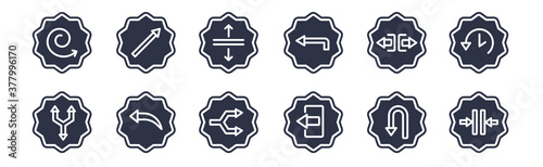 12 pack of black filled icons. glyph icons such as vertical merge, exit right, left curve arrow, horizontal split, left direction, vertical resize, diagonal arrows for web and mobile apps, logo