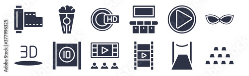 12 pack of black filled icons. glyph icons such as theatre seats, film reel playing, film reel countdown number 2, big play button, home theater, hd dvd, popcorn box for web and mobile apps, logo