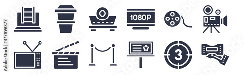 12 pack of black filled icons. glyph icons such as tickets, movie billboard, cinema clapperboard, movie roll, 1080p hd tv, image projector, smoothie with straw for web and mobile apps, logo