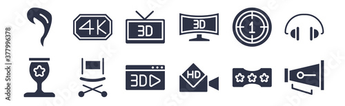 12 pack of black filled icons. glyph icons such as cinematographic announcer, hd video, director film chair, movie countdown, 3 dimension screen, 3d movie, 4k for web and mobile apps, logo