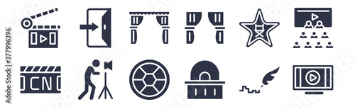 12 pack of black filled icons. glyph icons such as animation, box office, cameraman, cinema celebrity, cinema curtain, cinema curtains, exit for web and mobile apps, logo