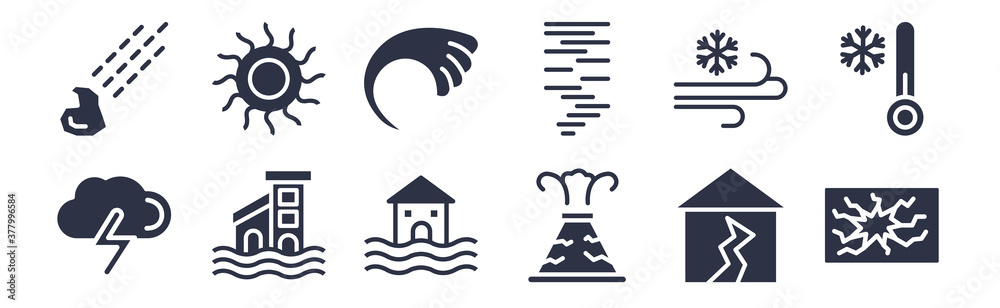 12 pack of black filled icons. glyph icons such as cracked ground, erupting volcano, flooded home, snow and wind, tornado season, tsunami wave, burning sun for web and mobile apps, logo 12 pack of black filled icons. glyph icons such as cracked ground, erupting volcano, flooded home, snow and wind, tornado season, tsunami wave, burning sun for web and mobile apps, logo