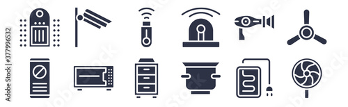 12 pack of black filled icons. glyph icons such as electric fan, crock-pot, convection oven, blow dryer, burglar alarm, usb wireless adapter, video surveillance for web and mobile apps, logo