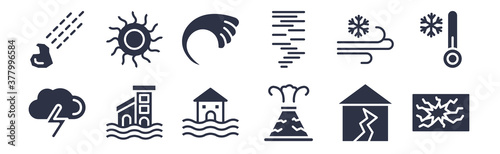 12 pack of black filled icons. glyph icons such as cracked ground, erupting volcano, flooded home, snow and wind, tornado season, tsunami wave, burning sun for web and mobile apps, logo