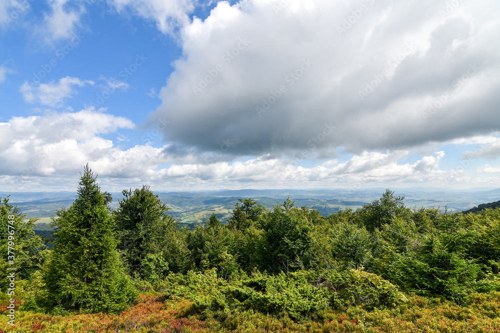 Cloudy sky over blue mountains with forest on a sunny day. Cloudy sky over blue mountains with forest on a sunny day.