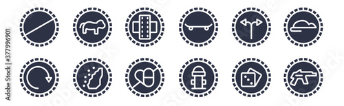 12 pack of black filled icons. glyph icons such as weapon, hydrant, falling rocks, junction, skateboard, roads, pet for web and mobile apps, logo