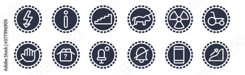 12 pack of black filled icons. glyph icons such as slope, silence, lost items, nuclear, no pets, stairs, info for web and mobile apps, logo