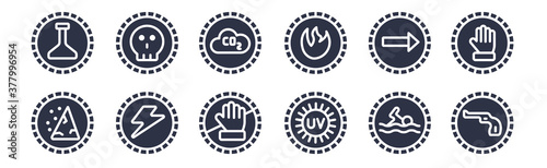 12 pack of black filled icons. glyph icons such as weapons, uv ray warning, lightning warning, one way, fire warning, co2, death for web and mobile apps, logo