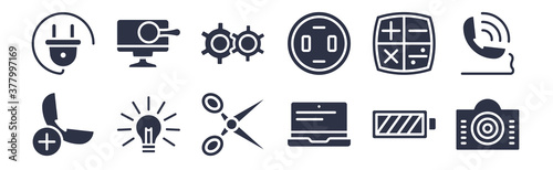 12 pack of black filled icons. glyph icons such as photograph camera, laptop frontal monitor, light on, mathematical operations, round socket, services, digitate for web and mobile apps, logo
