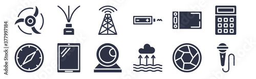 12 pack of black filled icons. glyph icons such as basic microphone, evaporation, tablet with blank screen, drawing tablet, small battery with medium charge, cell tower, tinsel for web and mobile