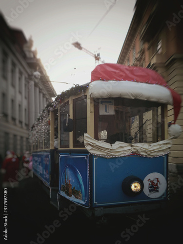 Zagreb, Croatia, Advent, decorated tram on the Ban Jelacic Square. Photo December 22th 2019. photo