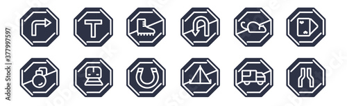12 pack of black filled icons. glyph icons such as narrow road, no camping, railway, no rodents, no turn, skating, t junction for web and mobile apps, logo