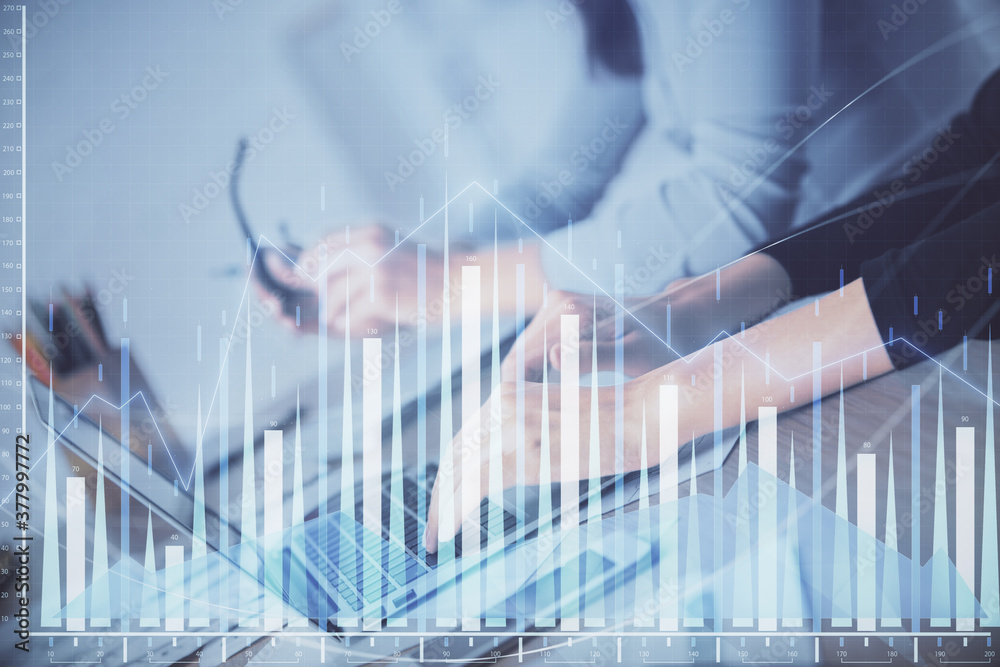 Multi exposure of woman hands typing on computer and financial chart hologram drawing. Stock market analysis concept.