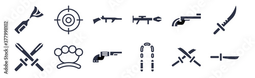 12 pack of black filled icons. glyph icons such as katana with handle, japanese nunchaku, brass knuckles, musket, bazooka, machine gun, shooting target for web and mobile apps, logo