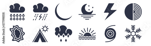 12 pack of black filled icons. glyph icons such as freezing, haze, indian summer, light bolt, moonrise, new moon, rainfall for web and mobile apps, logo