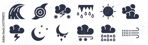 12 pack of black filled icons. glyph icons such as sand storms, snow storms, starry night, sunshine, thaw, thundersnow, tropical storm for web and mobile apps, logo