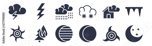 12 pack of black filled icons. glyph icons such as twilight, waning moon, wildfire, patchy fog, snow cloud, steady rain, thunderbolt for web and mobile apps, logo