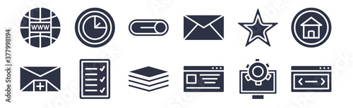 12 pack of black filled icons. glyph icons such as slider, web page variant, create list button, web mark as favorite star, message closed envelope, on slider, circular graphic for web and mobile