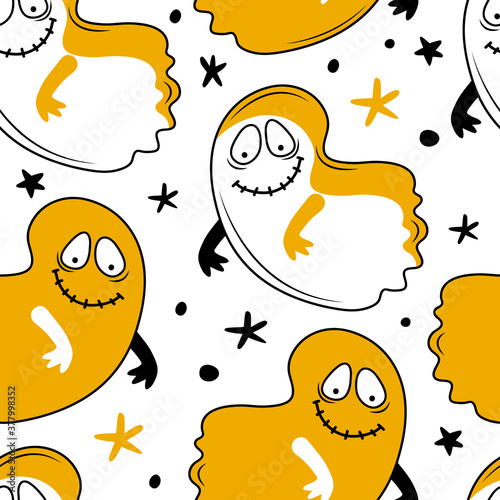 Seamless pattern happy Halloween. Cute Ghost flying at night. Creepy monster. Ghost shadow funny. Cartoon spooky character. Design for fabrics  textiles  packaging. Hand drawn vector background.
