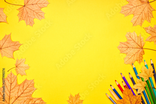 education and stationery concept. above view for yellow desk. decorated fall leaves and color pencils, markers and other tools. empty space for design