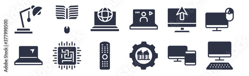 12 pack of black filled icons. glyph icons such as work station, industrial, chips, monitor with mouse cursor, video lecture, surfing the net, book and computer mouse for web and mobile apps, logo