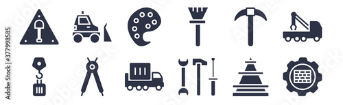 12 pack of black filled icons. glyph icons such as constructions, three tools, drawing compass, inclined picker, sand brush, pallete, little snowplow for web and mobile apps, logo
