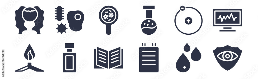 12 pack of black filled icons. glyph icons such as eye protector, notes, vial, electron, lab, microorganism, microorganisms for web and mobile apps, logo 12 pack of black filled icons. glyph icons such as eye protector, notes, vial, electron, lab, microorganism, microorganisms for web and mobile apps, logo