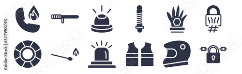 12 pack of black filled icons. glyph icons such as locked padlock with chain, reflective vest, match fire, goalkeeper, shock absorber, flasher, police tools for web and mobile apps, logo