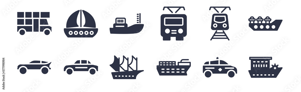 12 pack of black filled icons. glyph icons such as paddlewheeler, pt boat, sedan, tramway, trolleybus, tugboat, yawl for web and mobile apps, logo 12 pack of black filled icons. glyph icons such as paddlewheeler, pt boat, sedan, tramway, trolleybus, tugboat, yawl for web and mobile apps, logo