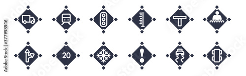 12 pack of black filled icons. glyph icons such as skateboard, slope, speed limit, t junction, tall, traffic lights, tram for web and mobile apps, logo