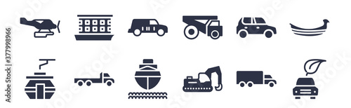 12 pack of black filled icons. glyph icons such as eco-friendly transport, excavators, flatbed lorry, hatchback, haul, hearse, houseboat for web and mobile apps, logo