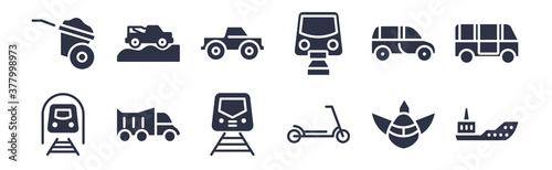 12 pack of black filled icons. glyph icons such as icebreaker ship, kick scooter, litter car, minivan, monorail, monster truck, off road for web and mobile apps, logo