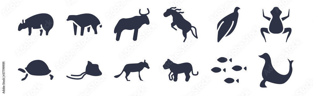 12 pack of black filled icons. glyph icons such as sea lion, siberian tiger, stingray, vulture, wild horse, wildebeest, wolverine for web and mobile apps, logo