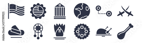 12 pack of black filled icons. glyph icons such as turkey leg, thanksgiving ornament, american native, slavery in the united states, pacific ocean, federalism, made in usa for web and mobile apps,