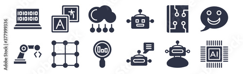 12 pack of black filled icons. glyph icons such as artificial intelligence, piction, algorithm, book, bot, cloud computing, translation for web and mobile apps, logo