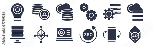 12 pack of black filled icons. glyph icons such as ar, 360 degree, tracking, efficiency, technical support, big data, users for web and mobile apps, logo