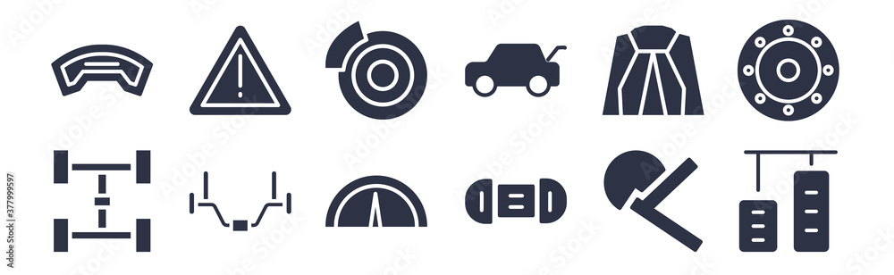 12 pack of black filled icons. glyph icons such as car accelerator, car alternator, car anti-roll bar, bonnet, boot, brake, brake light for web and mobile apps, logo - obrazy, fototapety, plakaty 