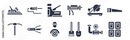12 pack of black filled icons. glyph icons such as glass wall, shovel and fork, jackknife, chop saw, sealant gun, staple gun, solder for web and mobile apps, logo