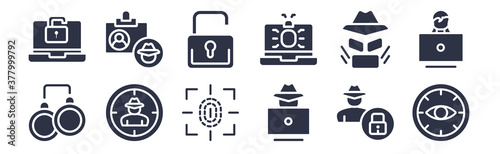 12 pack of black filled icons. glyph icons such as biometric recognition, hack, spyware, hacking, malware, passwords, identity theft for web and mobile apps, logo