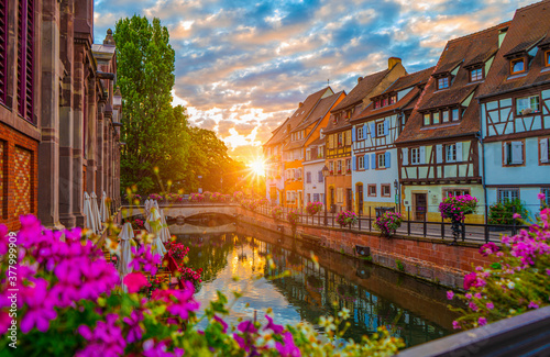 Spectacular colorful traditional french houses on the side of river Lauch in Petite Venise,Colmar,France.